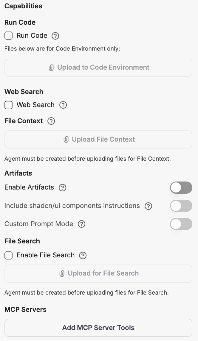 Capabilities panel in the Agent Builder