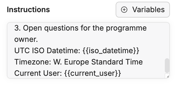 Variables menu in the Agent Builder