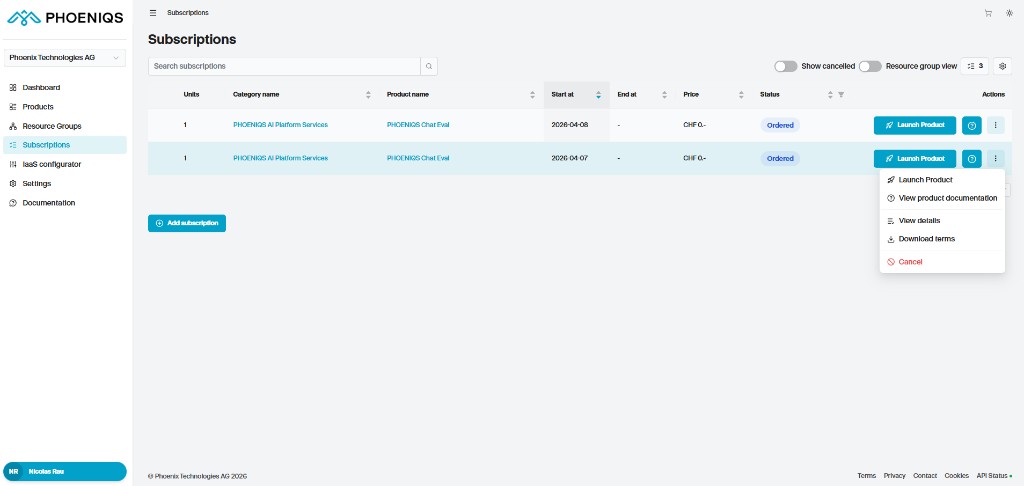 Subscriptions page