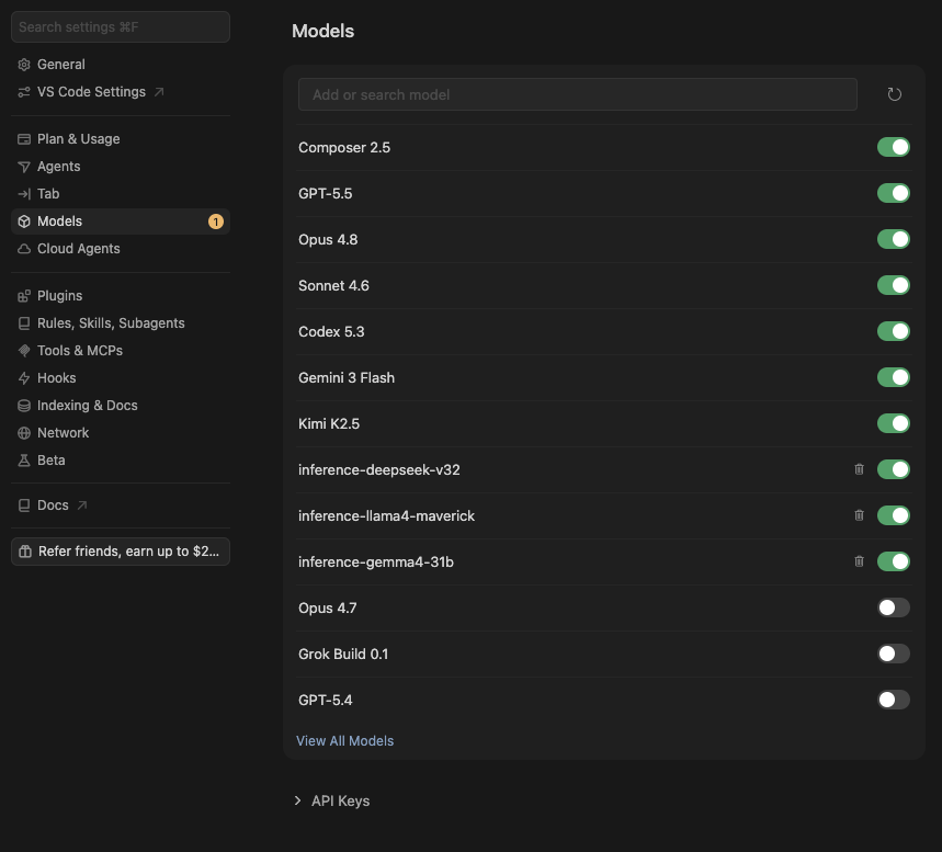 Models settings in Cursor